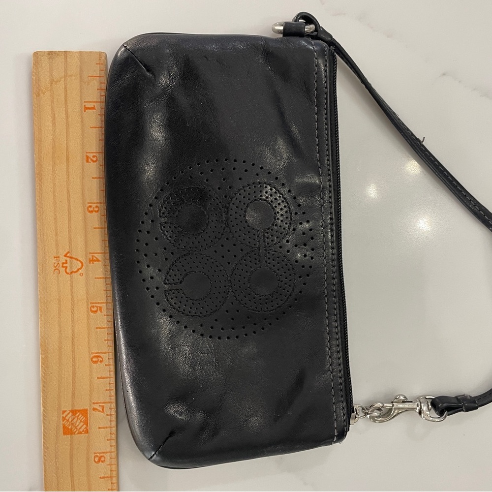 Black Leather Wristlet Clutch - Perforated Circle Detail